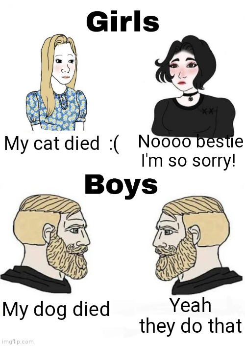 Idk |  My cat died  :(; Noooo bestie
I'm so sorry! My dog died; Yeah they do that | image tagged in girls vs boys,dogs,cats,die | made w/ Imgflip meme maker
