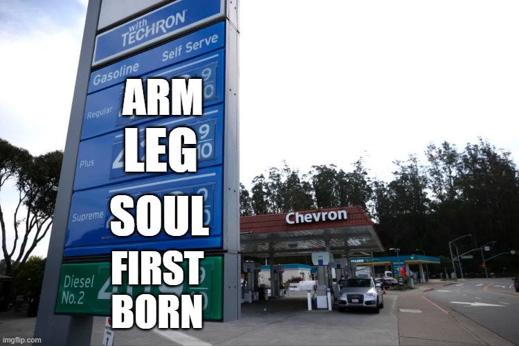 Where it's headed if we don't start producing | ARM; LEG; SOUL; FIRST BORN | image tagged in gas prices | made w/ Imgflip meme maker