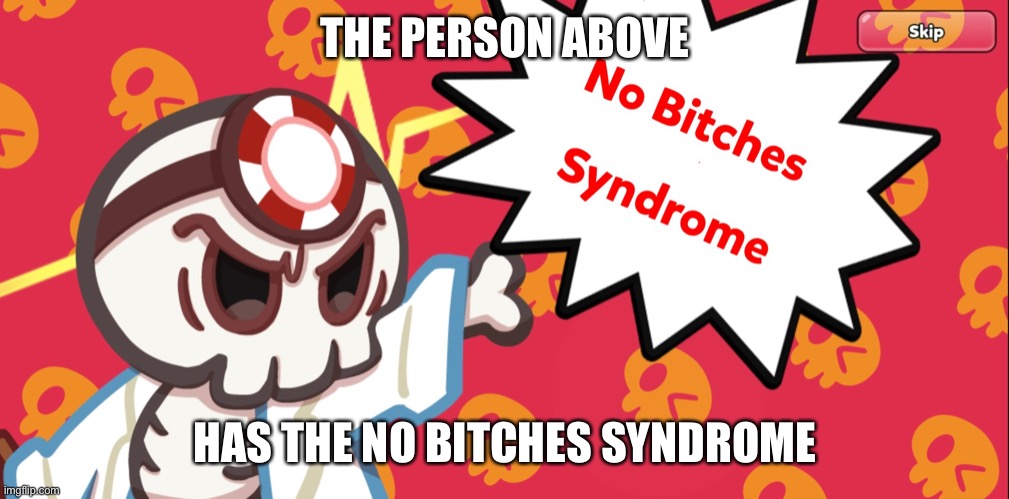 No bitches syndrome | THE PERSON ABOVE; HAS THE NO BITCHES SYNDROME | image tagged in no bitches syndrome | made w/ Imgflip meme maker
