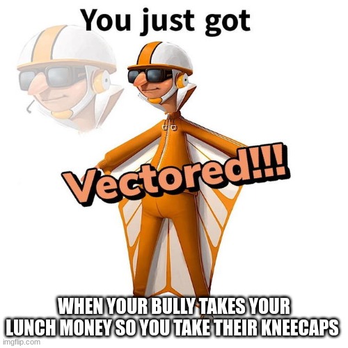 vectored | WHEN YOUR BULLY TAKES YOUR LUNCH MONEY SO YOU TAKE THEIR KNEECAPS | image tagged in you just got vectored | made w/ Imgflip meme maker