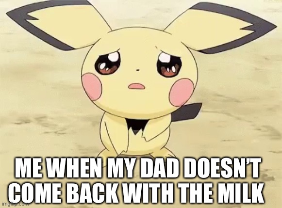 Hide the pain- | ME WHEN MY DAD DOESN’T COME BACK WITH THE MILK | image tagged in sad pichu | made w/ Imgflip meme maker