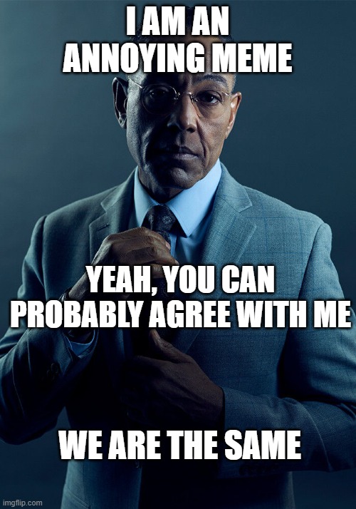 Gus Fring we are not the same | I AM AN ANNOYING MEME; YEAH, YOU CAN PROBABLY AGREE WITH ME; WE ARE THE SAME | image tagged in gus fring we are not the same | made w/ Imgflip meme maker