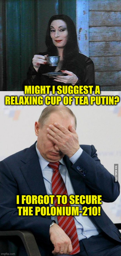 Do on to him as he has done on to others | MIGHT I SUGGEST A RELAXING CUP OF TEA PUTIN? I FORGOT TO SECURE THE POLONIUM-210! | image tagged in morticia drinking tea,putin facepalm | made w/ Imgflip meme maker