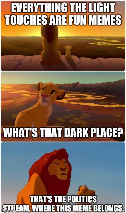 Lion King Meme | EVERYTHING THE LIGHT TOUCHES ARE FUN MEMES THAT'S THE POLITICS STREAM, WHERE THIS MEME BELONGS. WHAT'S THAT DARK PLACE? | image tagged in lion king meme | made w/ Imgflip meme maker