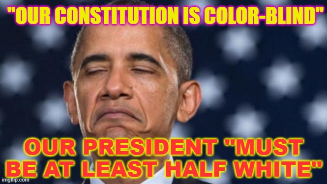 "OUR CONSTITUTION IS COLOR-BLIND"; Our President "must be at least half white" | "OUR CONSTITUTION IS COLOR-BLIND"; OUR PRESIDENT "MUST BE AT LEAST HALF WHITE" | image tagged in seems legit obama | made w/ Imgflip meme maker