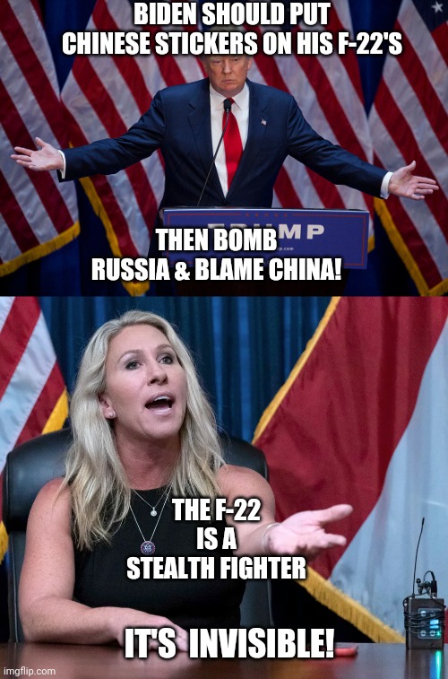 BIDEN SHOULD PUT CHINESE STICKERS ON HIS F-22'S; THEN BOMB RUSSIA & BLAME CHINA! THE F-22 IS A STEALTH FIGHTER; IT'S  INVISIBLE! | image tagged in donald trump,marjorie taylor greene is this the holocaust | made w/ Imgflip meme maker