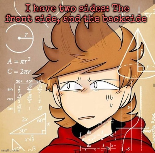 Tord Calculating | I have two sides: The front side, and the backside | image tagged in tord calculating | made w/ Imgflip meme maker