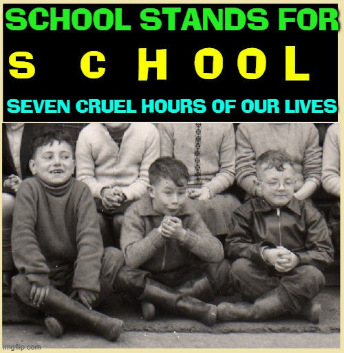 Don't look at us. We like school. | SCHOOL STANDS FOR; L; S    C; O O; H; SEVEN CRUEL HOURS OF OUR LIVES | image tagged in vince vance,school days,bad boys,kids,jokes,memes | made w/ Imgflip meme maker