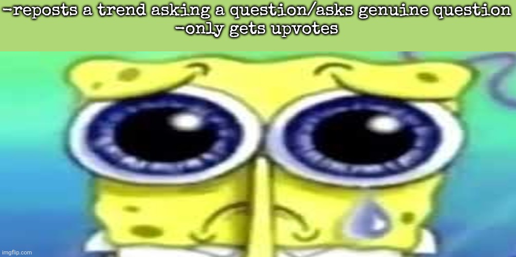 Sad Spong | -reposts a trend asking a question/asks genuine question
-only gets upvotes | image tagged in sad spong | made w/ Imgflip meme maker