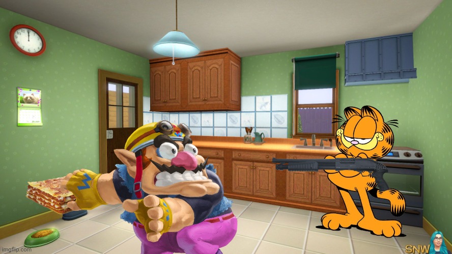 Wario steals Garfield's lasagna and gets shot to death by Garfield.mp3 | image tagged in wario dies,wario,garfield,cats,animals,comics/cartoons | made w/ Imgflip meme maker