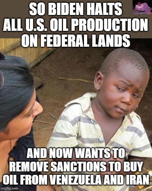 Biden destroying the U.S.A. isn't because he is stupid, it is intentional. | SO BIDEN HALTS ALL U.S. OIL PRODUCTION ON FEDERAL LANDS; AND NOW WANTS TO REMOVE SANCTIONS TO BUY OIL FROM VENEZUELA AND IRAN | image tagged in memes,third world skeptical kid | made w/ Imgflip meme maker
