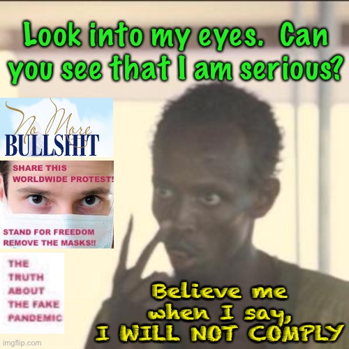 Non-Compliance  -  Refuse to Go Along with THEIR Silly Games  -  Acquiesce, and it Continues | Look into my eyes.  Can
you see that I am serious? Believe me
when I say,
I WILL NOT COMPLY | image tagged in memes,it just takes a little bit of a spine,try it it feels good to be on the side of right,no i wont play that game,see good | made w/ Imgflip meme maker