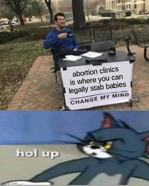 abortion clinics is where you can legally stab babies | image tagged in memes,change my mind,im going on an adventure | made w/ Imgflip meme maker