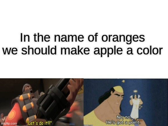 The guy who named oranges was an idiot | In the name of oranges we should make apple a color | image tagged in blank white template | made w/ Imgflip meme maker