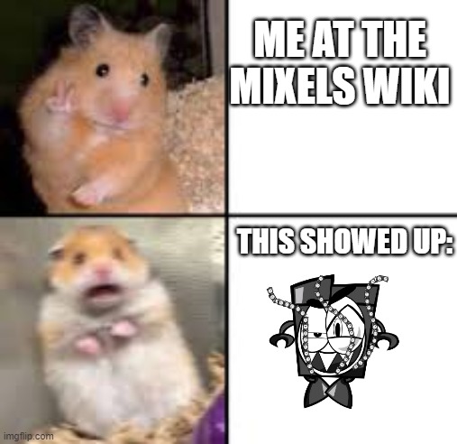 mixels meme | ME AT THE MIXELS WIKI; THIS SHOWED UP: | image tagged in scared hamster,mixels | made w/ Imgflip meme maker