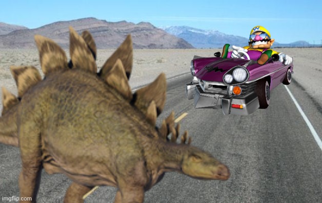 Wario dies in a car crash cuz he didn't see the stegosaurus on the road | image tagged in wario dies,wario,jurassic park,jurassic world,dinosaur,cars | made w/ Imgflip meme maker