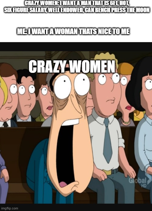 Double standards, I tell ya | CRAZY WOMEN: I WANT A MAN THAT IS 6FT, HOT, SIX FIGURE SALARY, WELL ENDOWED, CAN BENCH PRESS THE MOON; ME: I WANT A WOMAN THATS NICE TO ME; CRAZY WOMEN | image tagged in quagmire jaw drop,dating,burn | made w/ Imgflip meme maker