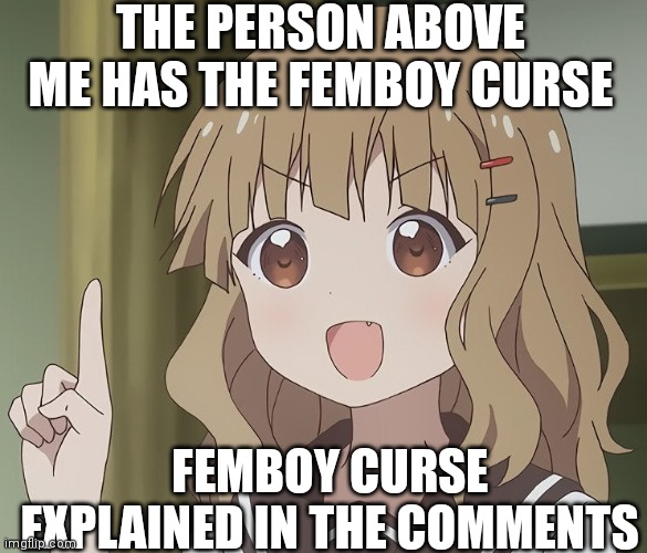 The person above me | THE PERSON ABOVE ME HAS THE FEMBOY CURSE; FEMBOY CURSE EXPLAINED IN THE COMMENTS | image tagged in the person above me | made w/ Imgflip meme maker