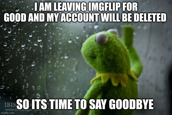 its over, thank you and goodbye | I AM LEAVING IMGFLIP FOR GOOD AND MY ACCOUNT WILL BE DELETED; SO ITS TIME TO SAY GOODBYE | image tagged in kermit window,memes,funny,funny memes,oh wow are you actually reading these tags,why are you reading this | made w/ Imgflip meme maker