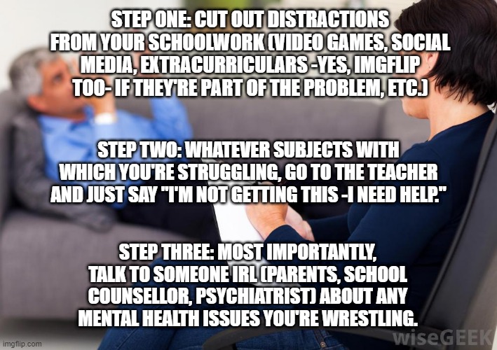 Psychologist | STEP ONE: CUT OUT DISTRACTIONS FROM YOUR SCHOOLWORK (VIDEO GAMES, SOCIAL MEDIA, EXTRACURRICULARS -YES, IMGFLIP TOO- IF THEY'RE PART OF THE P | image tagged in psychologist | made w/ Imgflip meme maker