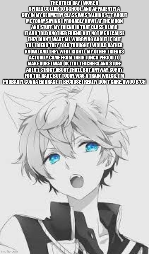 I’m a whole a** wolf boy (sorry for the swearing. I’m acting calm, but I’m not happy about this) | THE OTHER DAY I WORE A SPIKED COLLAR TO SCHOOL, AND APPARENTLY A GUY IN MY GEOMETRY CLASS WAS TALKING S**T ABOUT ME TODAY SAYING I PROBABLY HOWL AT THE MOON AND STUFF. MY FRIEND IN THAT CLASS HEARD IT AND TOLD ANOTHER FRIEND BUT NOT ME BECAUSE THEY DIDN’T WANT ME WORRYING ABOUT IT, BUT THE FRIEND THEY TOLD THOUGHT I WOULD RATHER KNOW (AND THEY WERE RIGHT). MY OTHER FRIENDS ACTUALLY CAME FROM THEIR LUNCH PERIOD TO MAKE SURE I WAS OK (THE TEACHERS AND STUFF AREN’T STRICT ABOUT THAT). BUT ANYWAY, SORRY FOR THE RANT, BUT TODAY WAS A TRAIN WRECK. I’M PROBABLY GONNA EMBRACE IT BECAUSE I REALLY DON’T CARE. AWOO B*CH | made w/ Imgflip meme maker