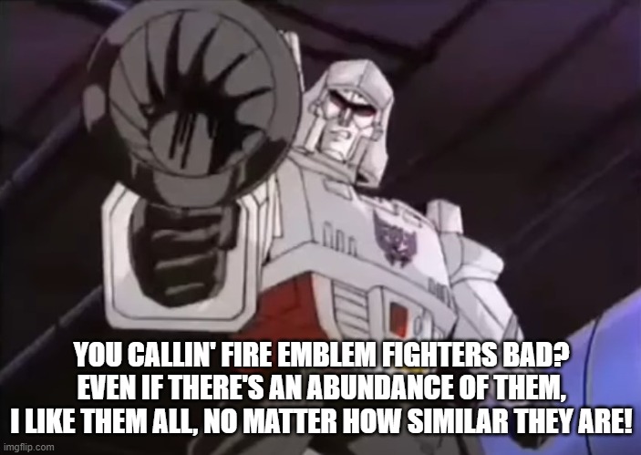 3 Days Until Megatron Steals Your Liver | YOU CALLIN' FIRE EMBLEM FIGHTERS BAD? EVEN IF THERE'S AN ABUNDANCE OF THEM, I LIKE THEM ALL, NO MATTER HOW SIMILAR THEY ARE! | image tagged in 3 days until megatron steals your liver | made w/ Imgflip meme maker