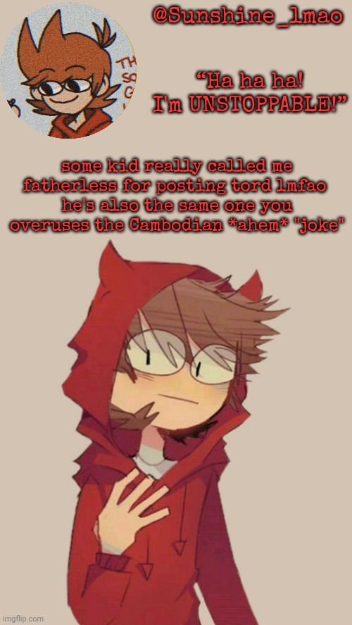 Sunshine's Tord Temp :] | some kid really called me fatherless for posting tord lmfao 
he's also the same one you overuses the Cambodian *ahem* "joke" | image tagged in sunshine's tord temp | made w/ Imgflip meme maker