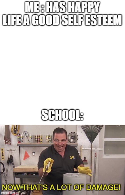 ME : HAS HAPPY LIFE A GOOD SELF ESTEEM; SCHOOL:; NOW THAT'S A LOT OF DAMAGE! | image tagged in memes,blank transparent square,now that's a lot of damage | made w/ Imgflip meme maker