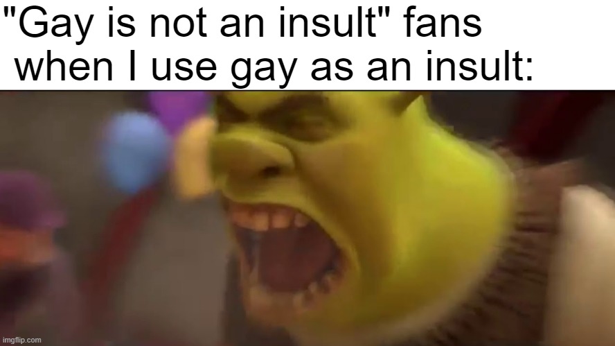 Shrek screaming | "Gay is not an insult" fans
 when I use gay as an insult: | image tagged in shrek screaming | made w/ Imgflip meme maker