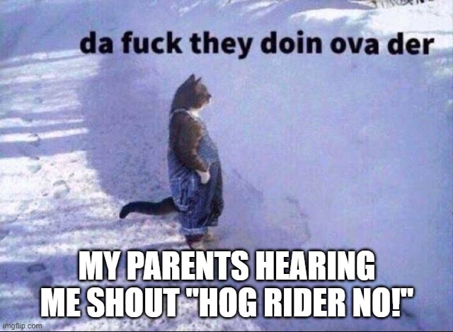 l | MY PARENTS HEARING ME SHOUT "HOG RIDER NO!" | image tagged in da fuk they doin | made w/ Imgflip meme maker