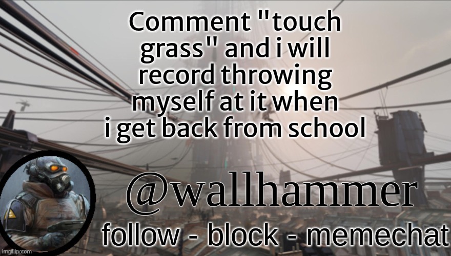 Wallhammer temp (thanks Bluehonu) | Comment "touch grass" and i will record throwing myself at it when i get back from school | image tagged in wallhammer temp thanks bluehonu | made w/ Imgflip meme maker