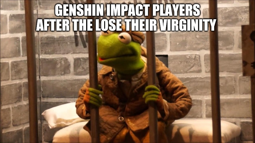 Kermit in jail | GENSHIN IMPACT PLAYERS AFTER THE LOSE THEIR VIRGINITY | image tagged in kermit in jail | made w/ Imgflip meme maker