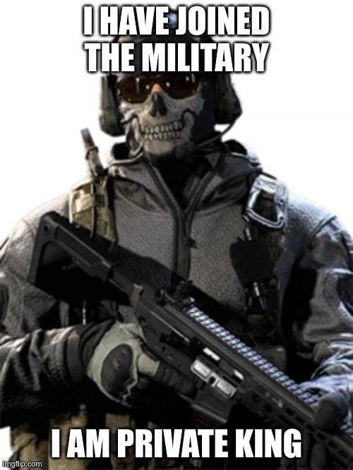 military ime | I HAVE JOINED THE MILITARY; I AM PRIVATE KING | image tagged in call of duty,ghost | made w/ Imgflip meme maker