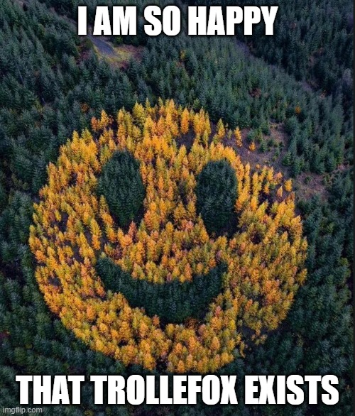 tree smile | I AM SO HAPPY; THAT TROLLEFOX EXISTS | image tagged in tree smile,memes | made w/ Imgflip meme maker