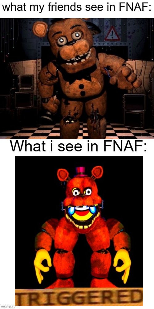 ( ͡° ͜ʖ ͡°) | what my friends see in FNAF:; What i see in FNAF: | image tagged in memes,blank transparent square | made w/ Imgflip meme maker
