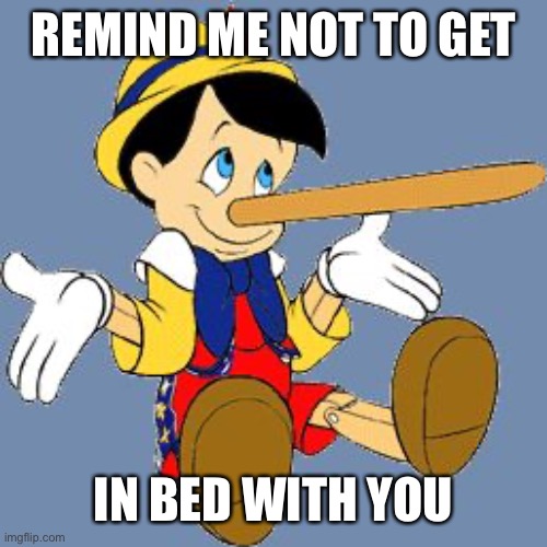 Pinocchio | REMIND ME NOT TO GET IN BED WITH YOU | image tagged in pinocchio | made w/ Imgflip meme maker