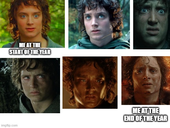 the school year |  ME AT THE START OF THE YEAR; ME AT THE END OF THE YEAR | image tagged in memes,meme,frodo,the lord of the rings,new year,surpised frodo | made w/ Imgflip meme maker