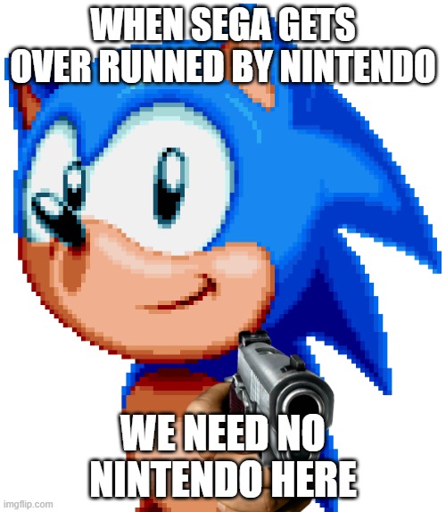 sonic 64 | WHEN SEGA GETS OVER RUNNED BY NINTENDO; WE NEED NO NINTENDO HERE | image tagged in sonic with a gun,sonic the hedgehog | made w/ Imgflip meme maker