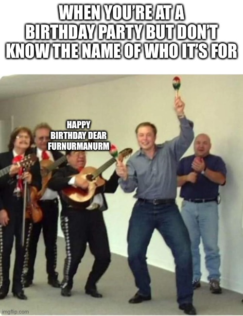 Furnurmanurm | WHEN YOU’RE AT A BIRTHDAY PARTY BUT DON’T KNOW THE NAME OF WHO IT’S FOR; HAPPY BIRTHDAY DEAR FURNURMANURM | image tagged in elon musk birthday | made w/ Imgflip meme maker