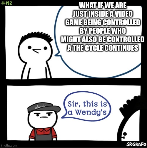 A dkjfveun | WHAT IF WE ARE JUST INSIDE A VIDEO GAME BEING CONTROLLED BY PEOPLE WHO MIGHT ALSO BE CONTROLLED A THE CYCLE CONTINUES | image tagged in sir this is a wendys | made w/ Imgflip meme maker