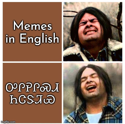Memes in Cherokee | Memes in English; ᎤᎵᎮᎵᏍᏗ ᏂᏣᏕᏘᏯ | image tagged in gary farmer is relieved,language | made w/ Imgflip meme maker