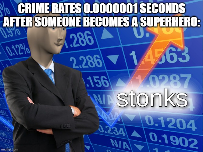stonks | CRIME RATES 0.0000001 SECONDS AFTER SOMEONE BECOMES A SUPERHERO: | image tagged in stonks | made w/ Imgflip meme maker