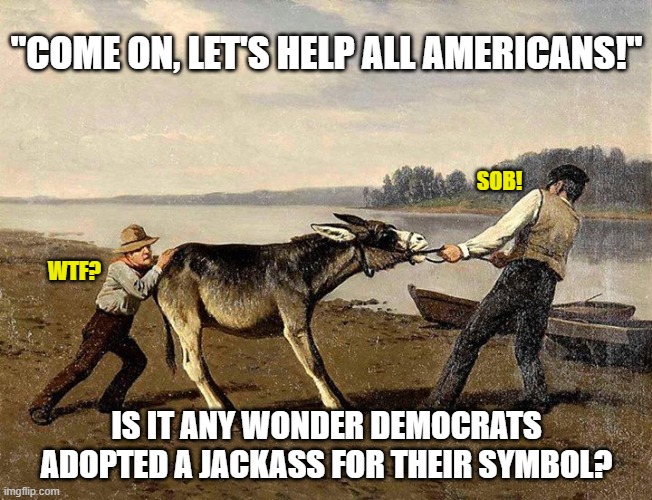 That's about right. | "COME ON, LET'S HELP ALL AMERICANS!"; SOB! WTF? IS IT ANY WONDER DEMOCRATS ADOPTED A JACKASS FOR THEIR SYMBOL? | image tagged in stubborn mule,democrats,liberals,anti-american,idiots,woke | made w/ Imgflip meme maker