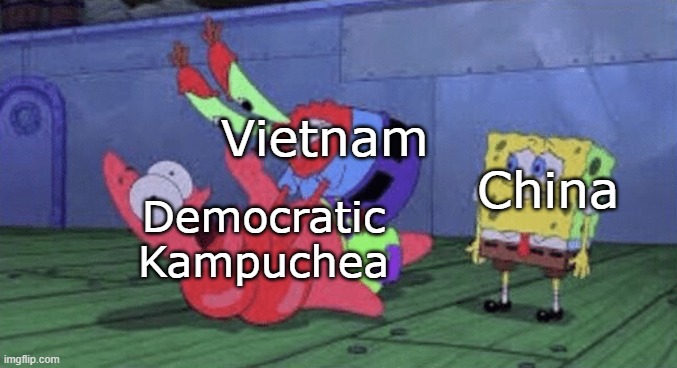 Vietnam vs Cambodia | Vietnam; China; Democratic Kampuchea | image tagged in mr krabs choking patrick | made w/ Imgflip meme maker