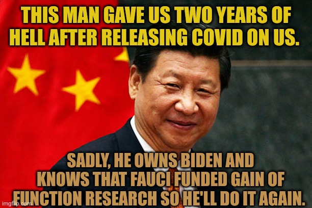 China and Fauci are in cahoots together. They have killed millions around the world. Justice needs to be done. | THIS MAN GAVE US TWO YEARS OF HELL AFTER RELEASING COVID ON US. SADLY, HE OWNS BIDEN AND KNOWS THAT FAUCI FUNDED GAIN OF FUNCTION RESEARCH SO HE'LL DO IT AGAIN. | image tagged in xi jinping | made w/ Imgflip meme maker