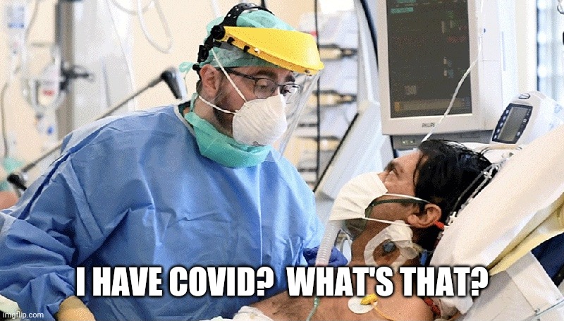 Covid patient | I HAVE COVID?  WHAT'S THAT? | image tagged in covid patient | made w/ Imgflip meme maker