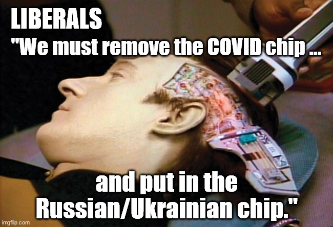 Covid Chip > Russian/Ukraine Chip | LIBERALS; "We must remove the COVID chip ... and put in the Russian/Ukrainian chip." | image tagged in liberals,russia,ukraine,chip,brainwashed | made w/ Imgflip meme maker