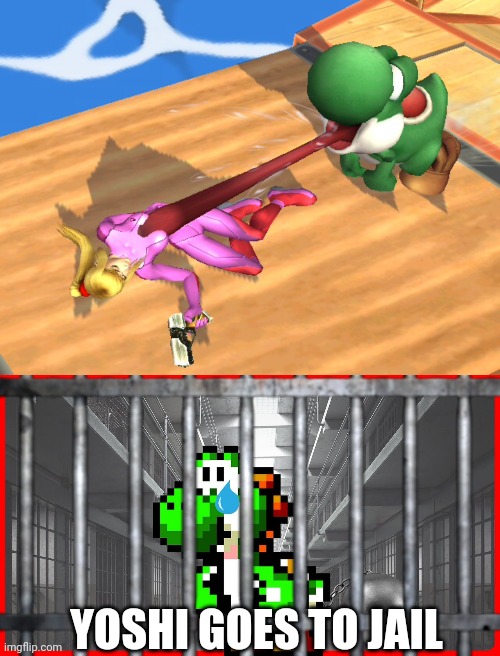 KEEP YOUR HANDS AND.. TONGUE TO YOURSELF | YOSHI GOES TO JAIL | image tagged in memes,yoshi,samus,super smash bros,video games | made w/ Imgflip meme maker