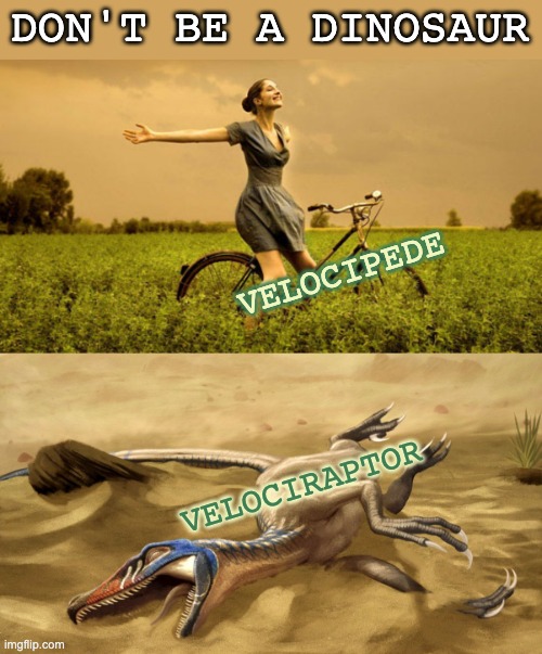 DON'T BE A DINOSAUR VELOCIRAPTOR VELOCIPEDE | image tagged in mujer bicicleta | made w/ Imgflip meme maker