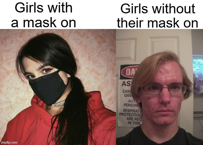 ../\.. | Girls with a mask on; Girls without their mask on | image tagged in memes | made w/ Imgflip meme maker